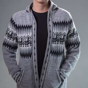 Sweatshirt hoodie Alpaca Gray, Alpaca wool cardigan zipper hood, Sweaters womens ethno, pullover zipper sweater