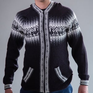 Sweater alpaca Black hoodie unisex, Alpaca wool jacket zipper hood, sweaters womens ethno, pullover zipper sweater bohemian