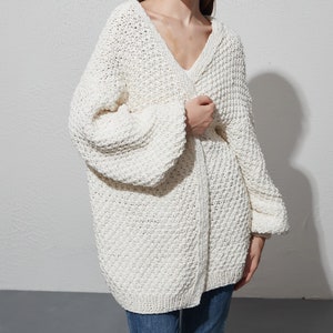 Hand knit oversize woman eco cotton sweater chunky slouchy white long cardigan