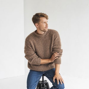 Men's knitted brown alpaca wool sweater, camel cable knit jumper for man, beige minimalist men pullover, gift for him, hand made winter pull