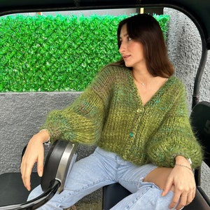 GlowbySely / Green Loli Button Cardigan / Handmade Mohair Wool Cardigan / Chunky Cardigan / Gift for her