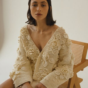 Handknit Wide Sleeves 100% Fine Cotton Cardigan, White V-Neck Jacket With Embroidered Flowers, Chunky Mid-Length Thick Sweater For Women