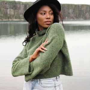 Sienna Boxy Cropped Ladies Sweater in Kiwi Green Alpaca and Pure Wool Organic jumper handmade in England