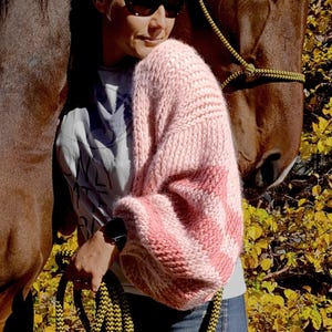 Balloon Sleeve Soft Alpaca Wool Bomber, Fluffy Pink Handmade Knit, Cozy Feminine Winter Cardigan, Striped Knitwear - Rosy Pinky Cardigan.