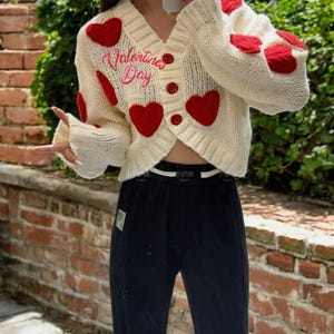 Handmade Love Cardigan, Chunky Heart Knitwear, Valentine’s Day Beige Cardigan, Cozy Romantic Sweater