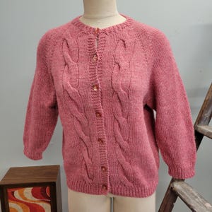 vtg 70s FUZZY PINK SWEATER // vintage small womens handmade handknit cardigan cute valentines mauve pastel fuchsia cable knit wool cardigan