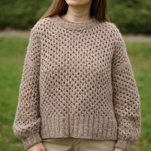 Alpaca wool sweater grid pattern, hand knit loose pullover in mocha brown, slouchy sweater with side slits, soft fluffy knitwear