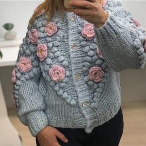 Blue Hand-Crocheted 3d Flower Cardigan – Loose Fit, Round Neck, Chunky Knit Design